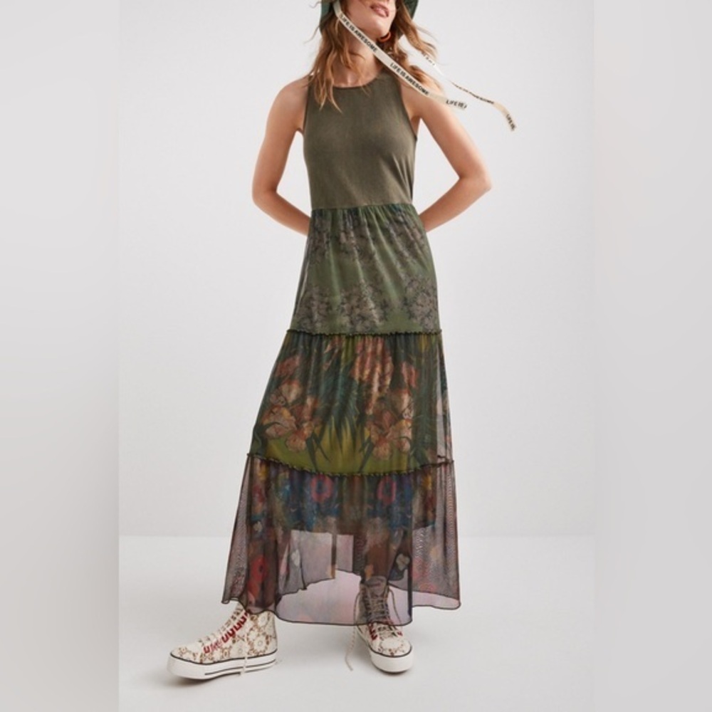 NWT DESIGUAL Maxi Dress Tiered Floral Khaki Green Sleeveless Womens US Size XL